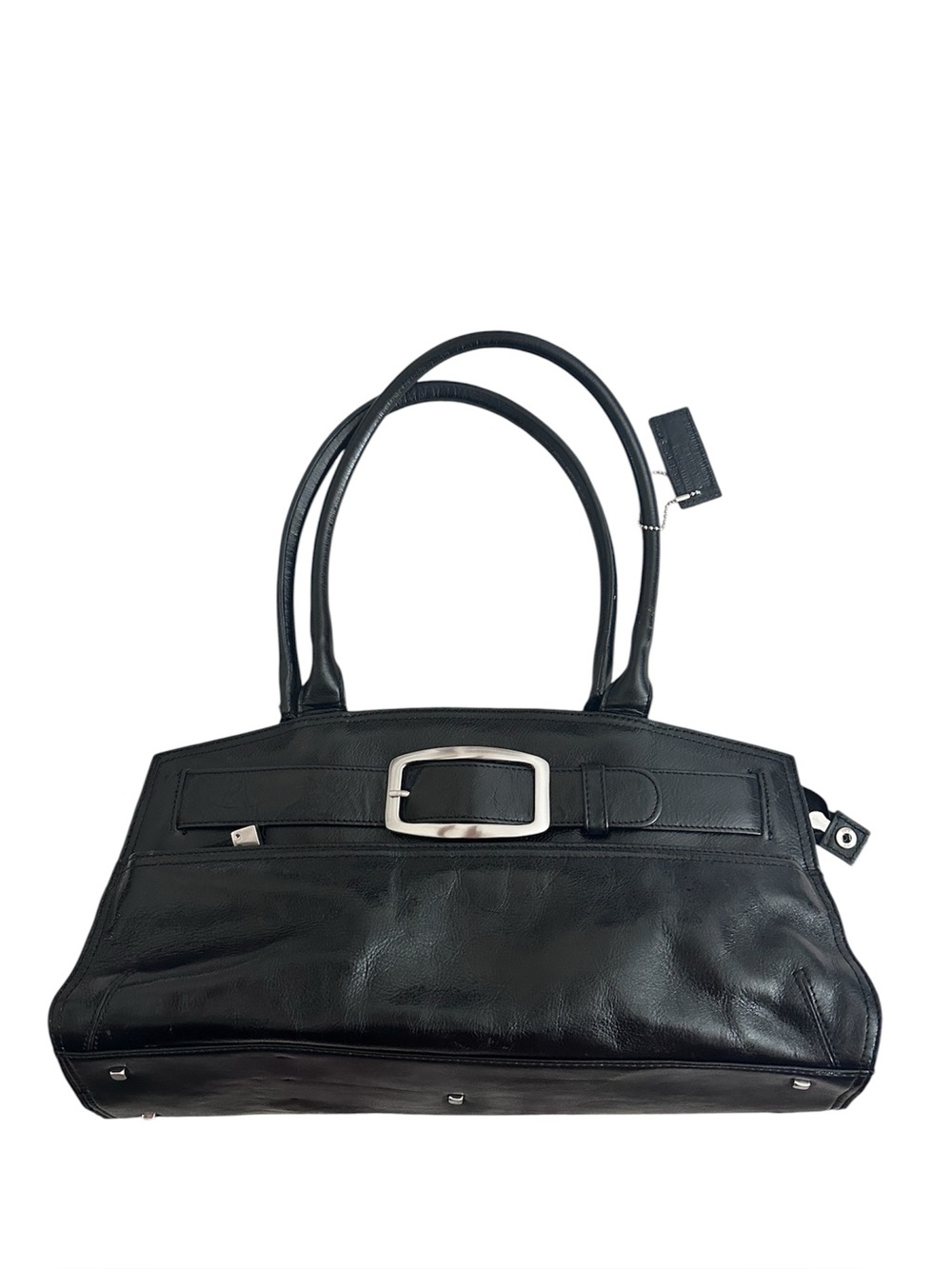 Black Faux Leather/ East West Satchel Handbag – Silver Buckle Detail